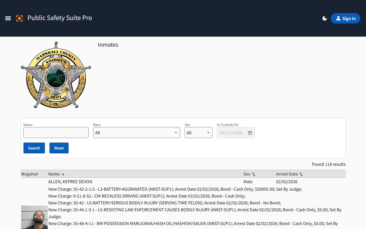 Marshall County inmate roster search interface