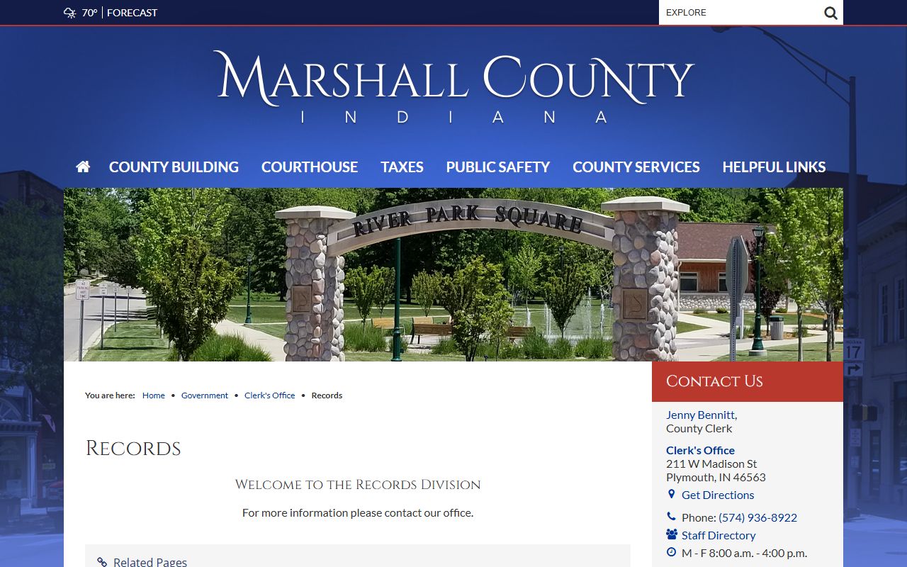 Marshall County Clerk records division contact page for court records