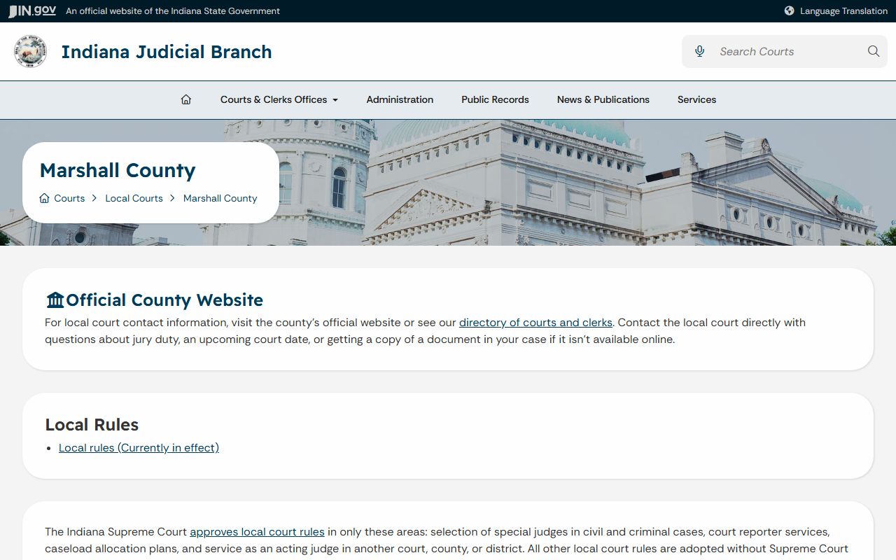 Marshall County court records page from the Indiana Judicial Branch